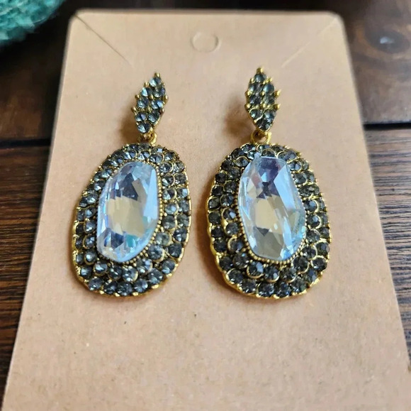 Gold, White, and Gray Crystal Earrings With Push Back - Picture 5 of 7